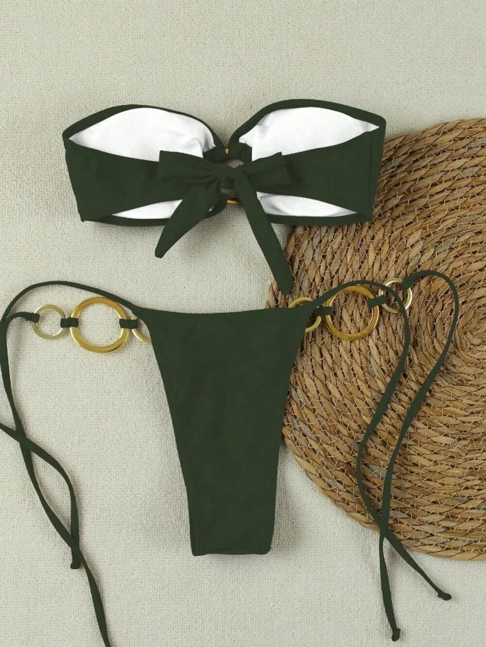 Army Green Bandeau Circular Ring Women's Beach Holiday Party Bikini Swimsuit